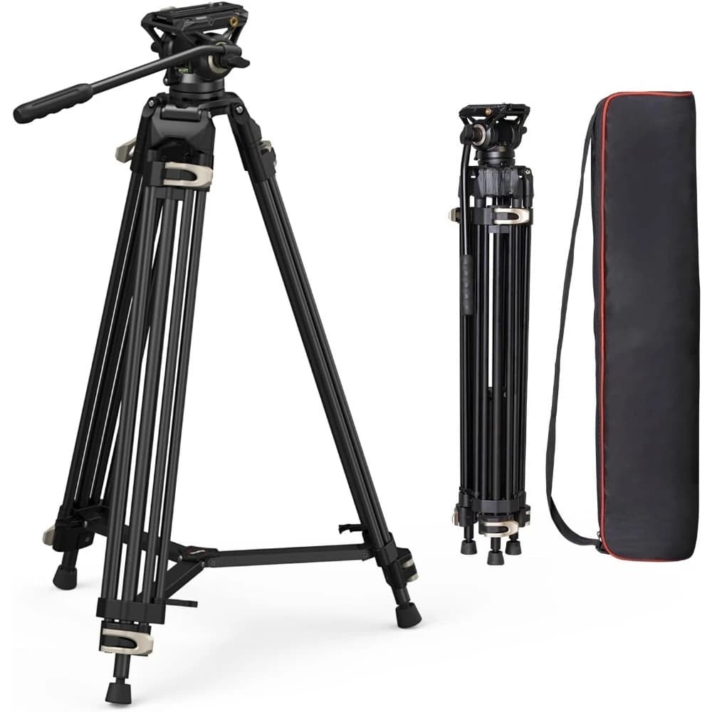Treppiede Professionale per Video da 73 Pollici con Testa Fluida a 360 Gradi e Piastra a Sgancio Rapido per DSLR e Videocamere