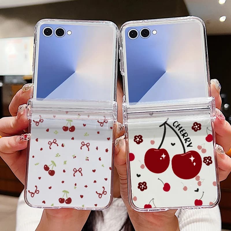 Custodia per telefono trasparente con motivo ciliegia carino per Samsung Galaxy Z Flip 7 6 5 4 3 Cover rigida pieghevole per PC per Samsung Z Flip5 Flip7 Flip6