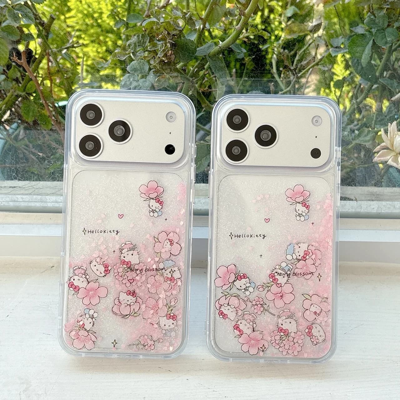 Sweet Pink Cherry Blossom For Hello Kitty Quicksand Case For iPhone 17/16/15/14/13/12/11 Pro Max Bling Anti-Drop Clear Cover