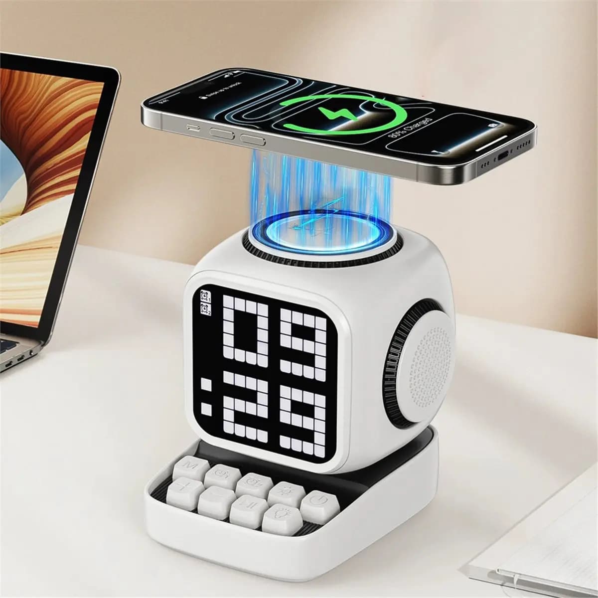T19C Retro Pixel Art Bluetooth Speaker 15W Wireless Charger Clock White Noise Speaker Home Decoration Cute Gift Black