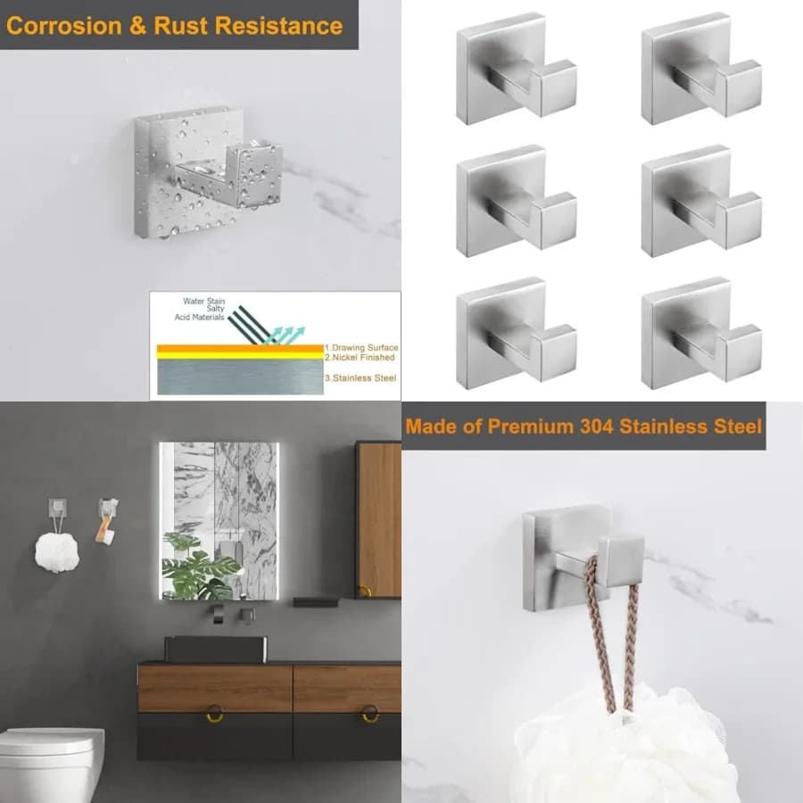 Gancio appendiabiti in acciaio inossidabile per bagno, resistente alla ruggine, per asciugamani e vestiti, montaggio a parete, quadrato, per WC e cucina, appendiabiti da porta resistente