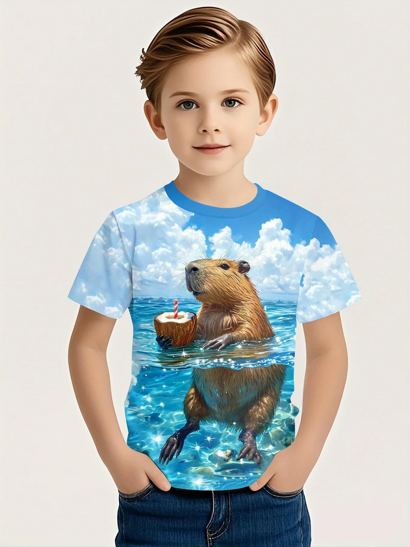 Kids Cute Capybara Summer T-Shirt, 3D Print Ocean Sky Coconut Drink Graphic Short Sleeve Tee, Boys Casual Beach Crew Neck Tops