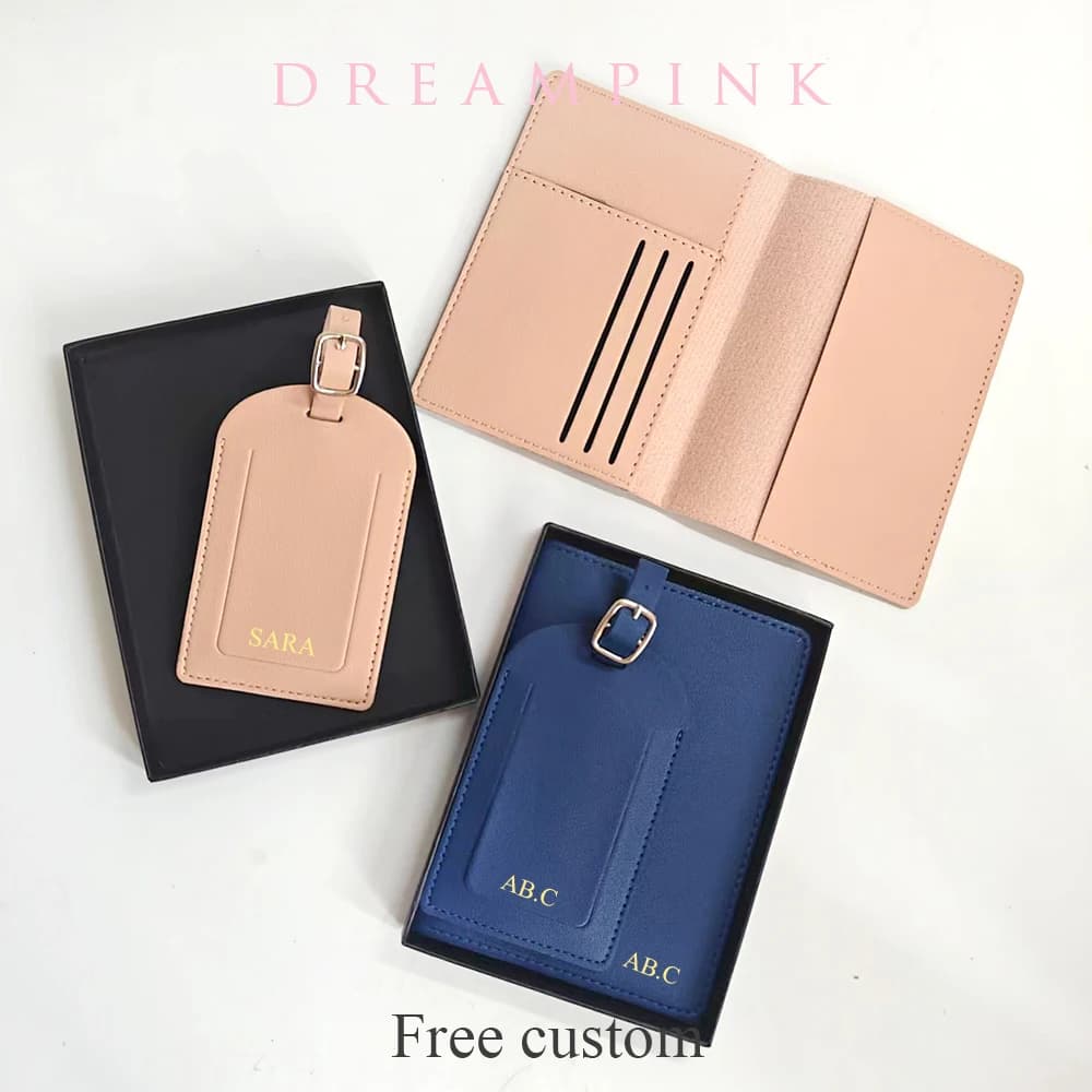 Personalizzazione gratuita Iniziali Porta passaporto da viaggio Confezione regalo Set Dropshipping Nome personalizzato Etichetta per bagagli con copertina per passaporto per imbarco