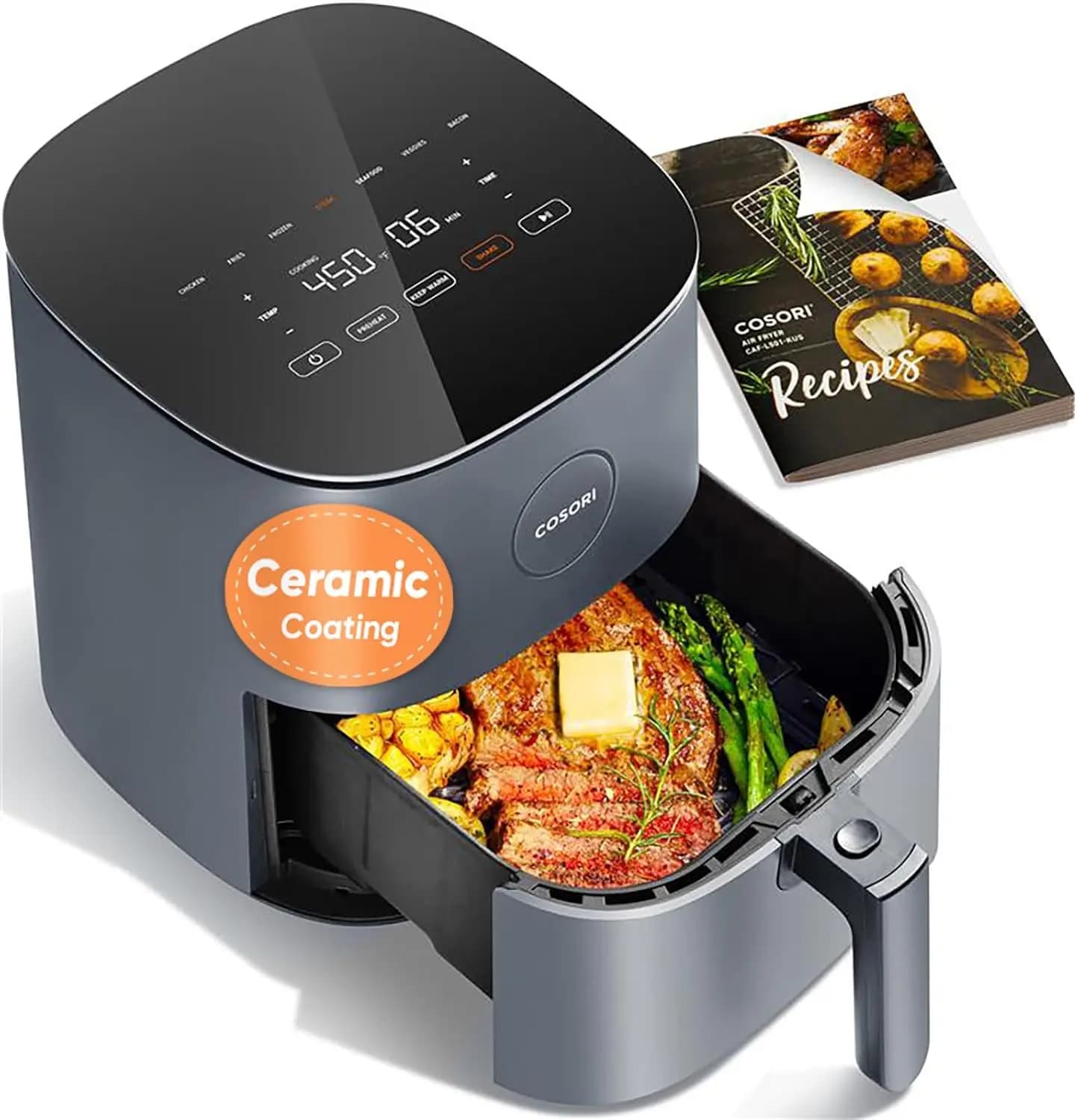Friggitrice ad aria da 5QT con rivestimento in ceramica, 7 preimpostazioni, preriscaldamento e mantenimento in caldo, 450°F ° F, Promemoria per il Shaker, Ricette nell'App