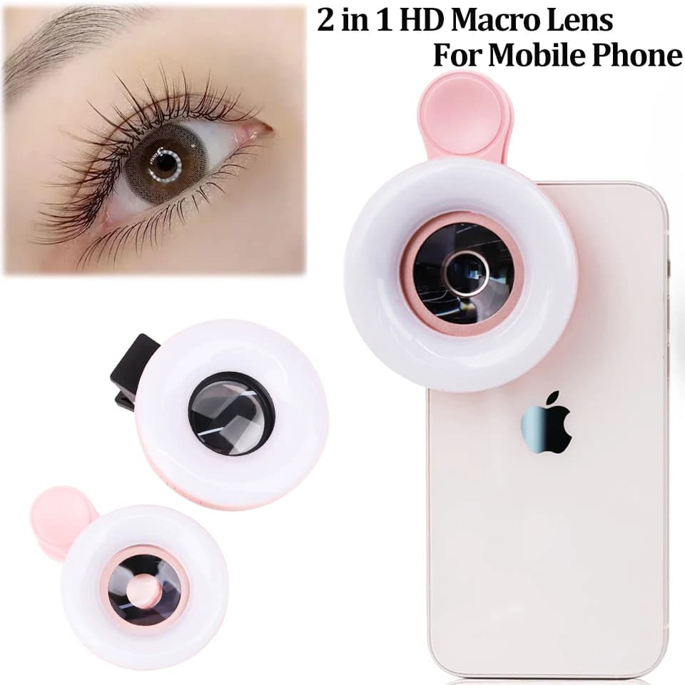 Camera for phone with macro lens HD 2 in1 with LED ring Flash Light Nails Eyelash Smartphone Selfie Live Lamp Filling Light Makeup Tools