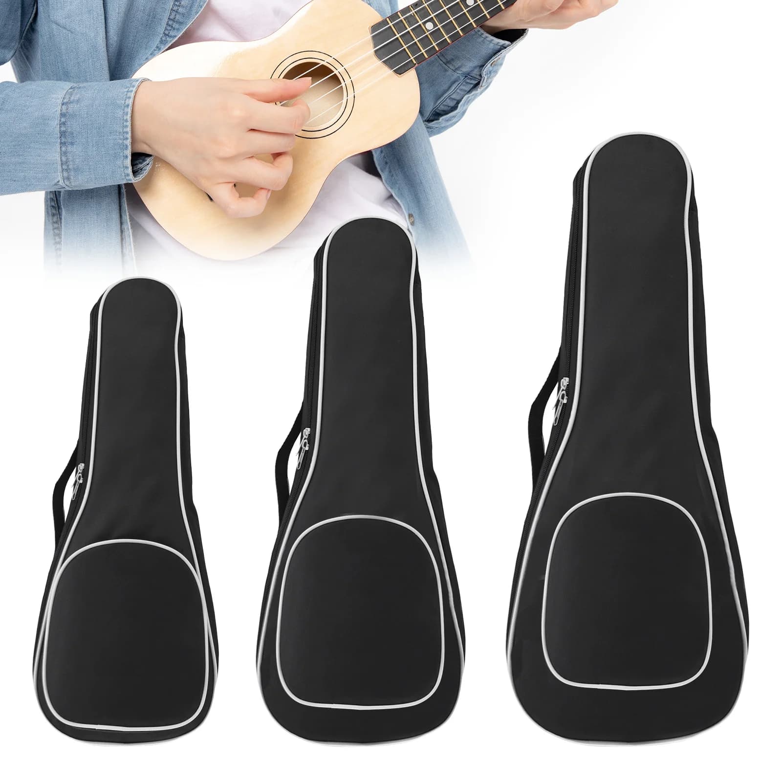 Borsa per ukulele nera portatile da 21 / 23 / 26 pollici Custodia morbida in spugna da 5 mm Gig Ukulele Mini chitarra Zaino impermeabile