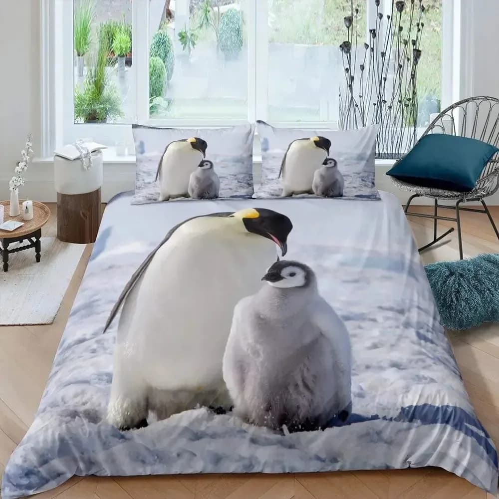 Set copripiumino pinguino Set completo di biancheria da letto con animali carini Set copripiumino con decorazioni per la neve Copripiumino con animali pinguino carino Queen Size