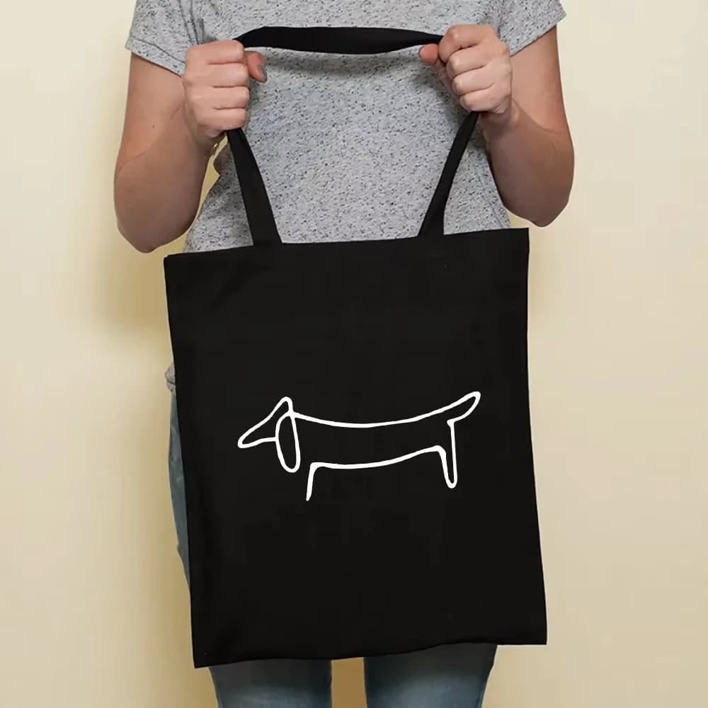 Borsa Tote Nera in Tela Stile Harajuku con Stampa Cane Carino, Borsa Riutilizzabile per Mamma Bulldog e Mamma Bassotto, Borsa a Spalla in Tessuto
