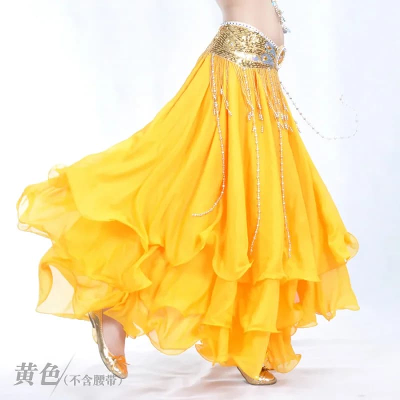 Three Layers Skirt Three-Tier Chiffon Curling Belly Dance Practice Wear Women Bellydancing 12 Meters Skirt Without Waist Belt