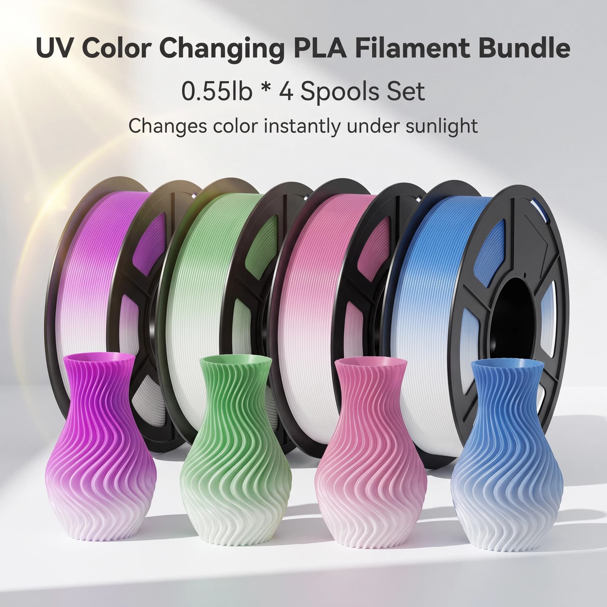 Photochromic UV Color Change PLA Filament 1.75mm 250g Pink Purple Green Blue Smooth 3D Printer Filament For FDM DIY Model Craft