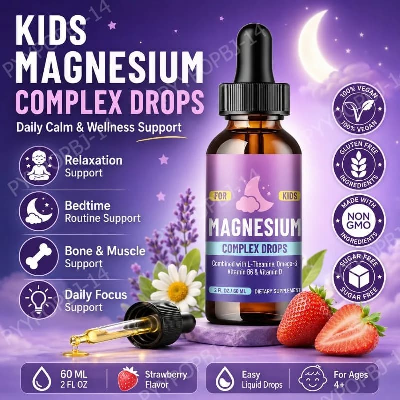 Kids Magnesium Complex Drops with L Theanine Omega 3 Vitamin D Daily Wellness Support Strawberry Flavor 60ml