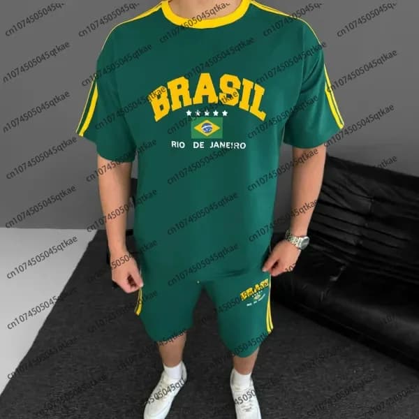 Set of shorts for casual loose unisex t-shirt with flag print of Brazil Set of shorts for football club Sports suit 2-piece breathable men's oversize