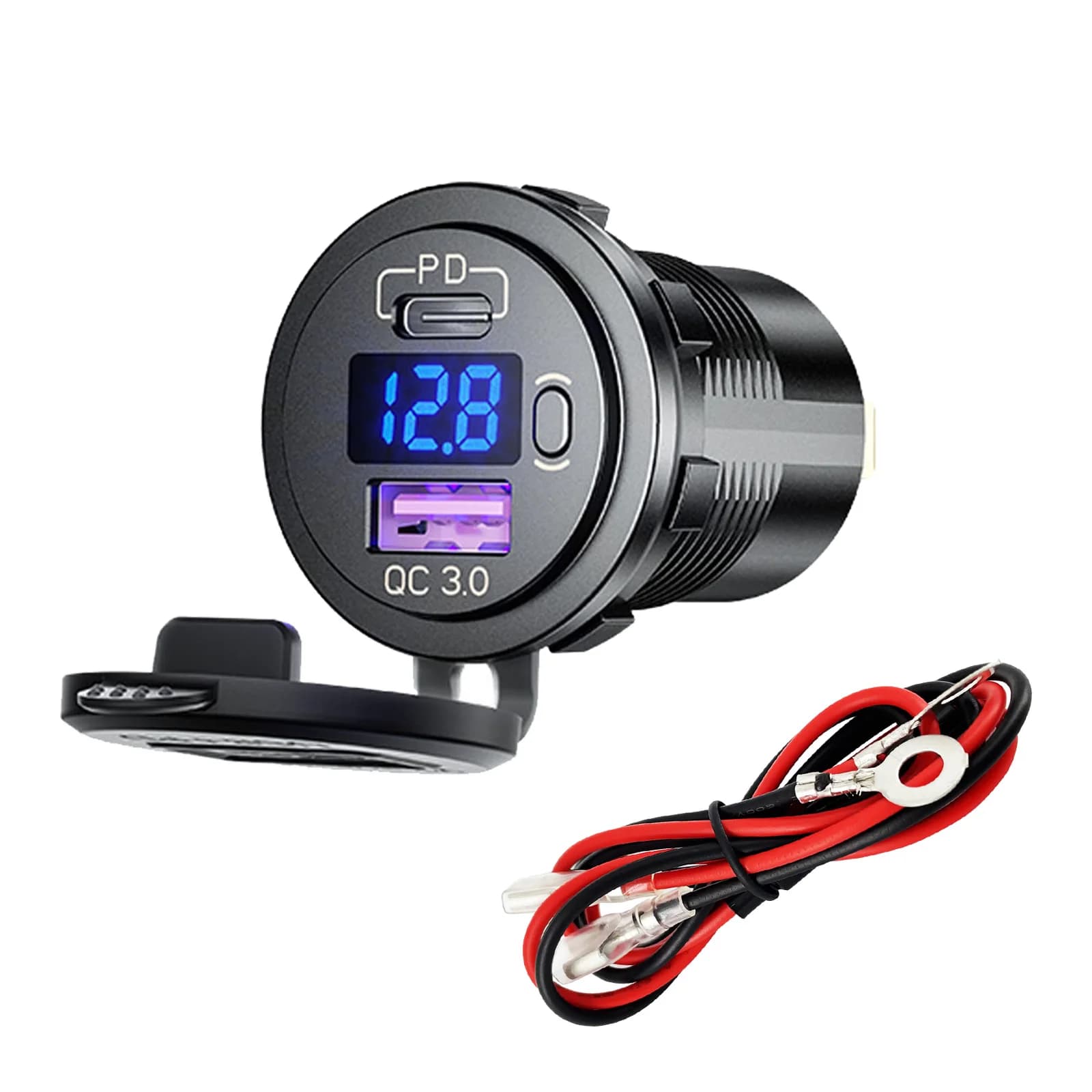 12V-24V USB Quick Charger 66W QC 3.0 And PD Type C Socket Blue Led Voltmeter Rocker Switch DC Adapter for Car Motor Boat Truck