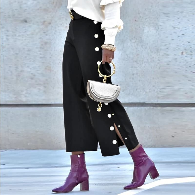 Female Stylish High Waisted Wide Leg Pants 2026 New Solid Color Side Button Casual Office Trousers Bottoms No Belt