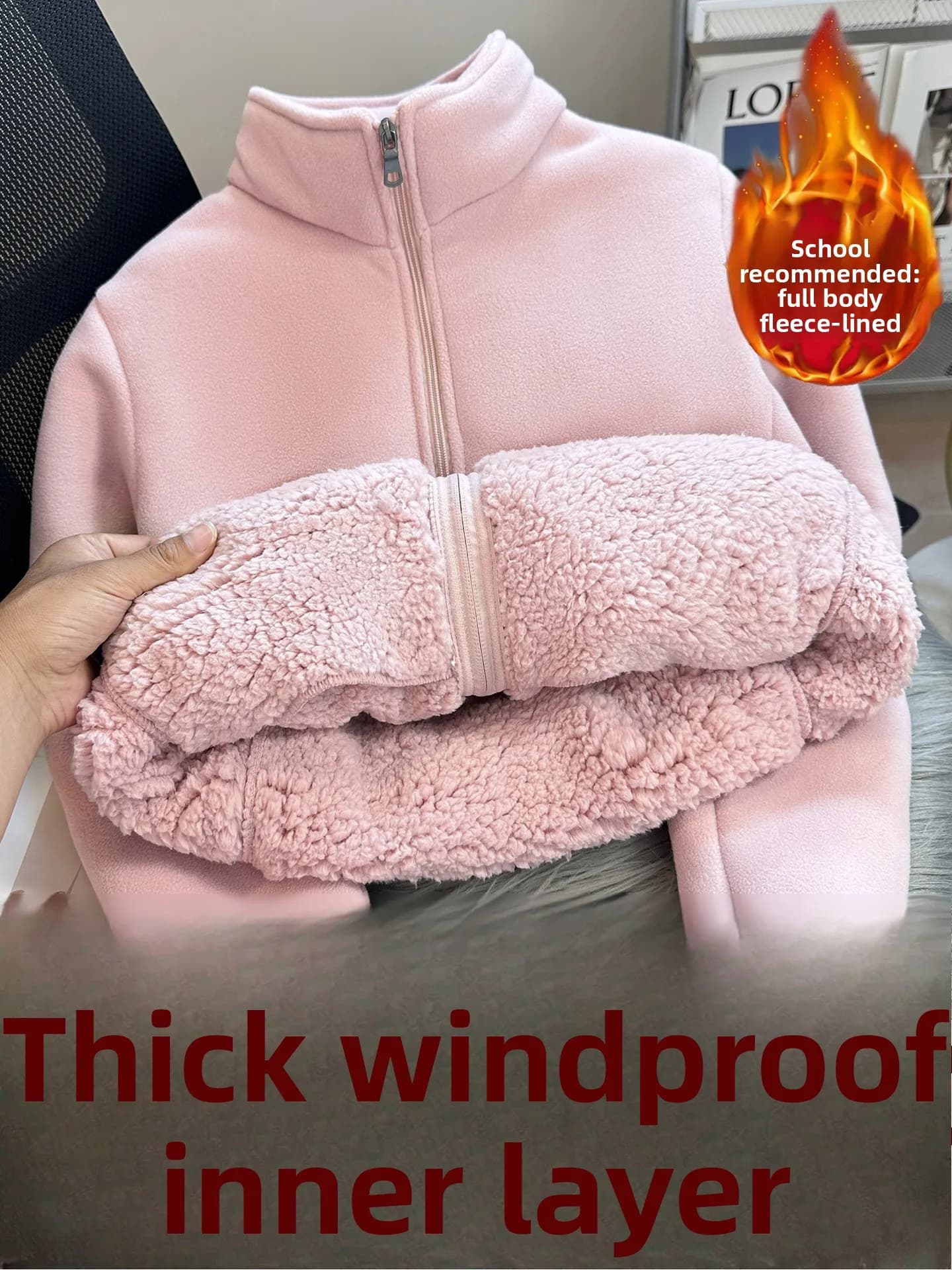 Extra Thick Lamb Velvet Fleece Hoodie Women's Inner Wear Cotton Jacket Windproof Warm Polyester Fiber Long Sleeve Zipper Closure