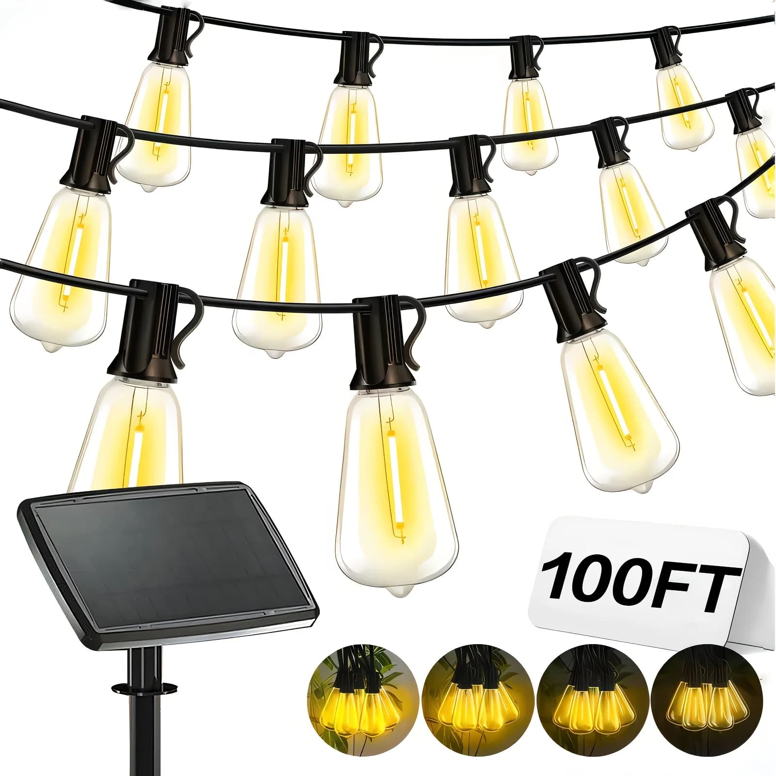 Solar Lights Outdoor, 100ft Patio Light with Shatterproof ST38 Dimmable Globe Bulb, Strong-Weak-Flash-Breath 4 Modes, Solar Outdoor Lights for Yard, Pool, Camping, Decorating Tents, Umbrellas, Also Be Used to Decorate Room, Wall, Window