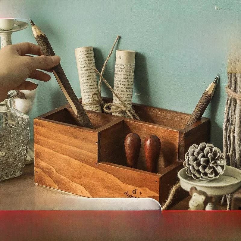 Portapennelli Trucco Retrò, Portapenne, Accessori da Scrivania, Scatola Portaoggetti per Materiale Scolastico, Organizzatore da Scrivania per Studenti Stile Zakka in Legno