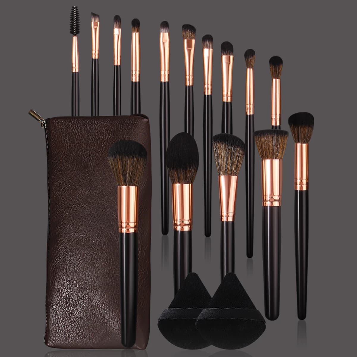 15 set of high-end makeup brushes + 2 super soft triangular smurfs + leather case - professional travel portable makeup tools