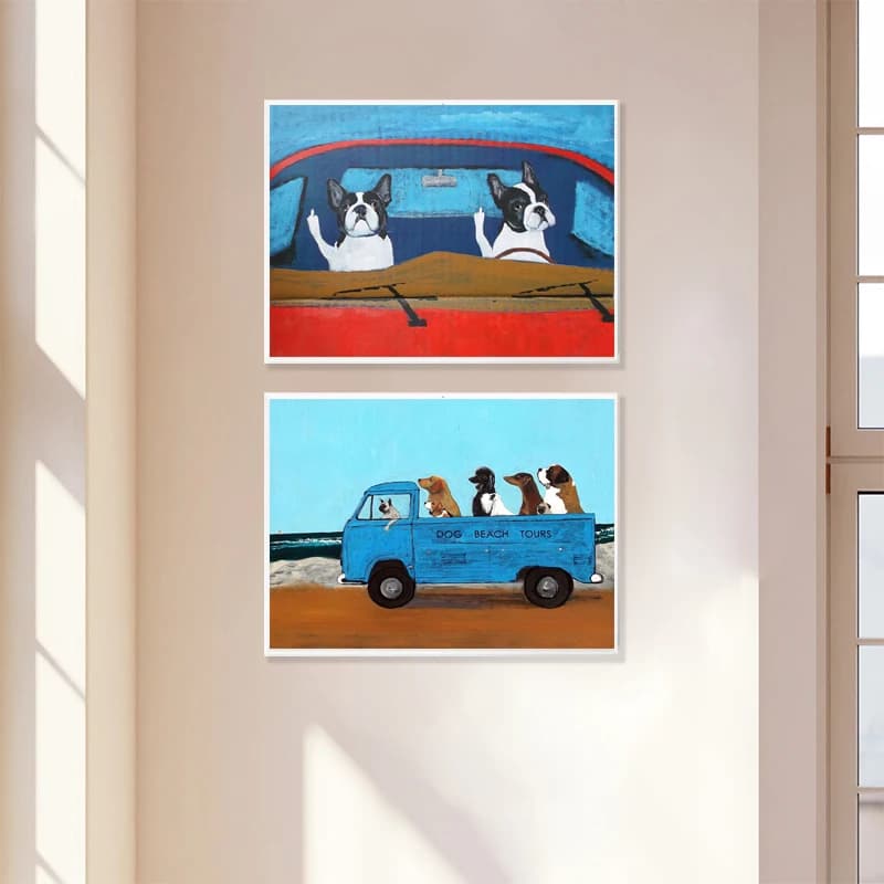 Cani divertenti Pittura a olio Tela Poster Boston Terrier Stampa Pug Road Rage Stampe Dog Beach Tours Fine Art Decorazione da parete