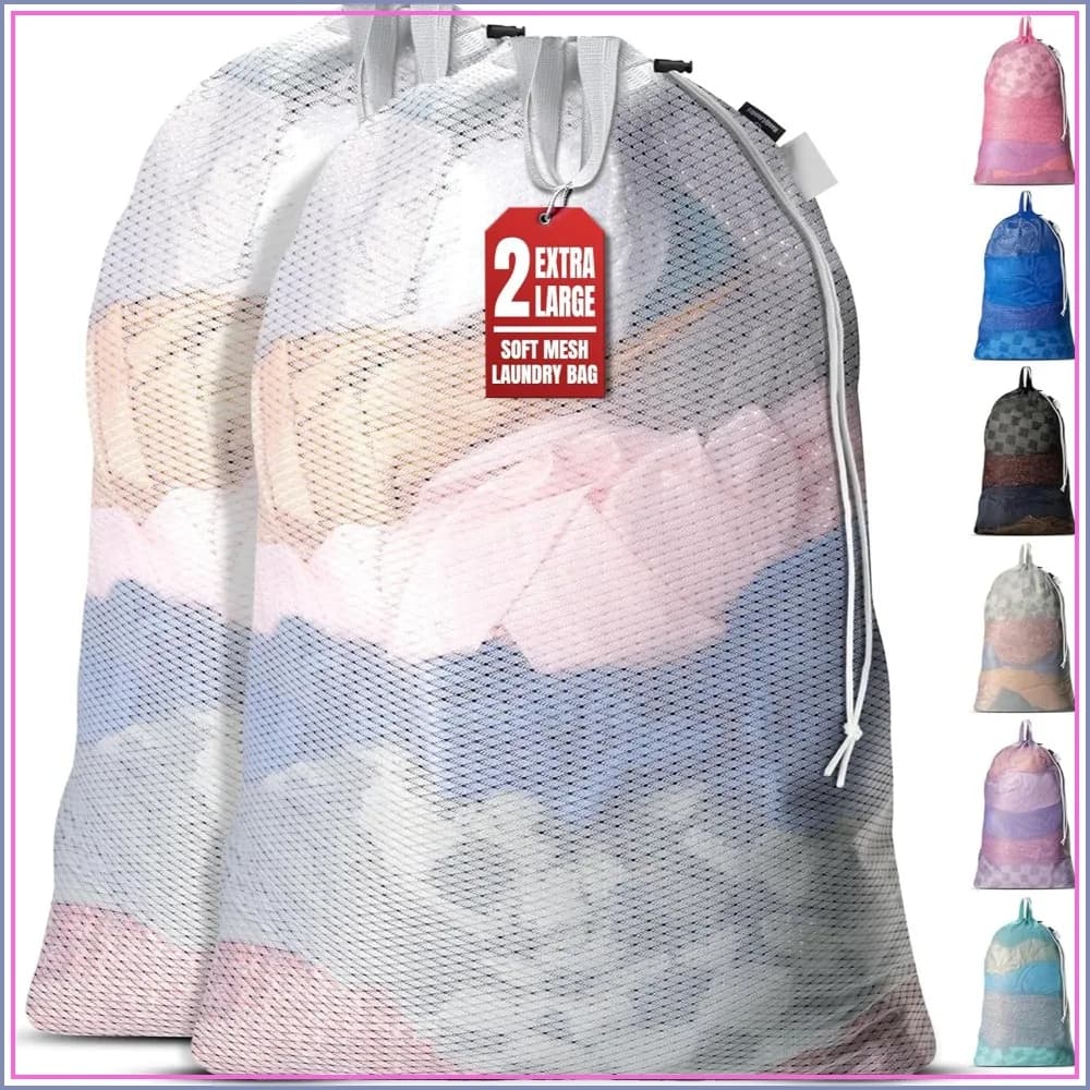 Extra Large Mesh Laundry Bags 24x36 Inches, 2-Pack - Heavy Duty Washable Wash Sack with Drawstring & Handles for Dorm, Travel, Hamper Liner