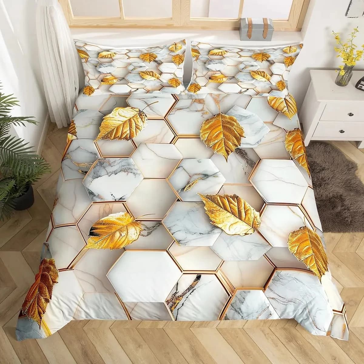 White Marble Bedding Set Geometric Honeycomb Duvet Cover Boys Girls Hexagon Gold Trim Comforter Cover Modern Art Bedspread Cover