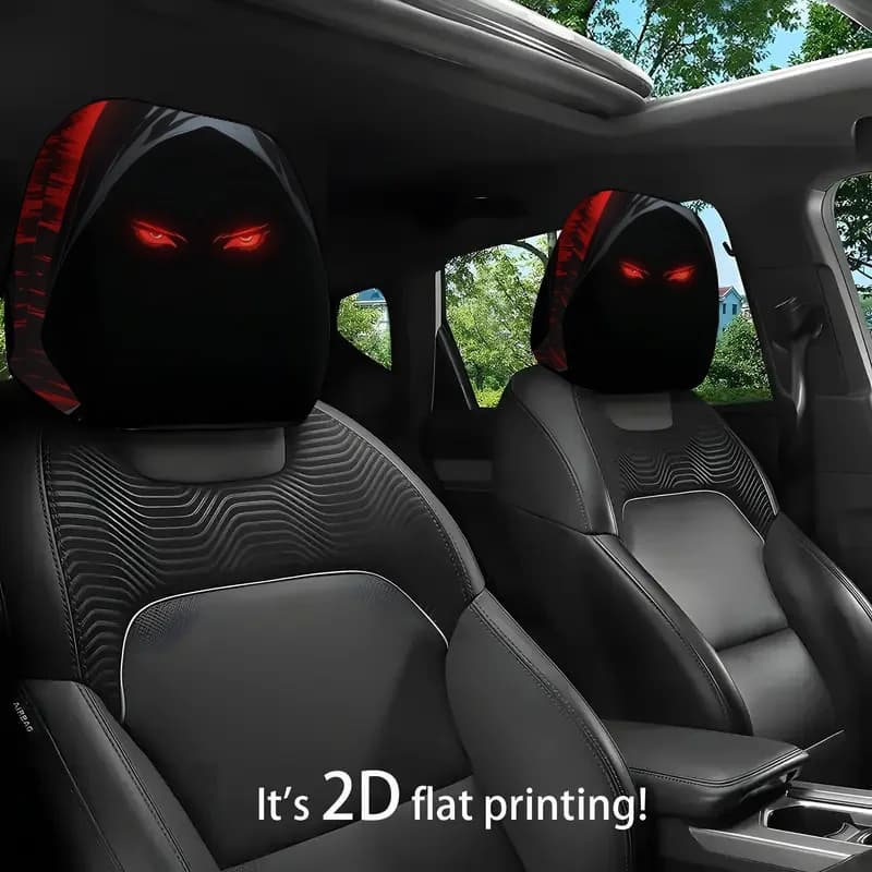 2pcs Red-Eyed Hooded Shadow Printed Car Headrest Cover | Durable Polyester Seat Protector, Universal Comfort For All Seasons | K