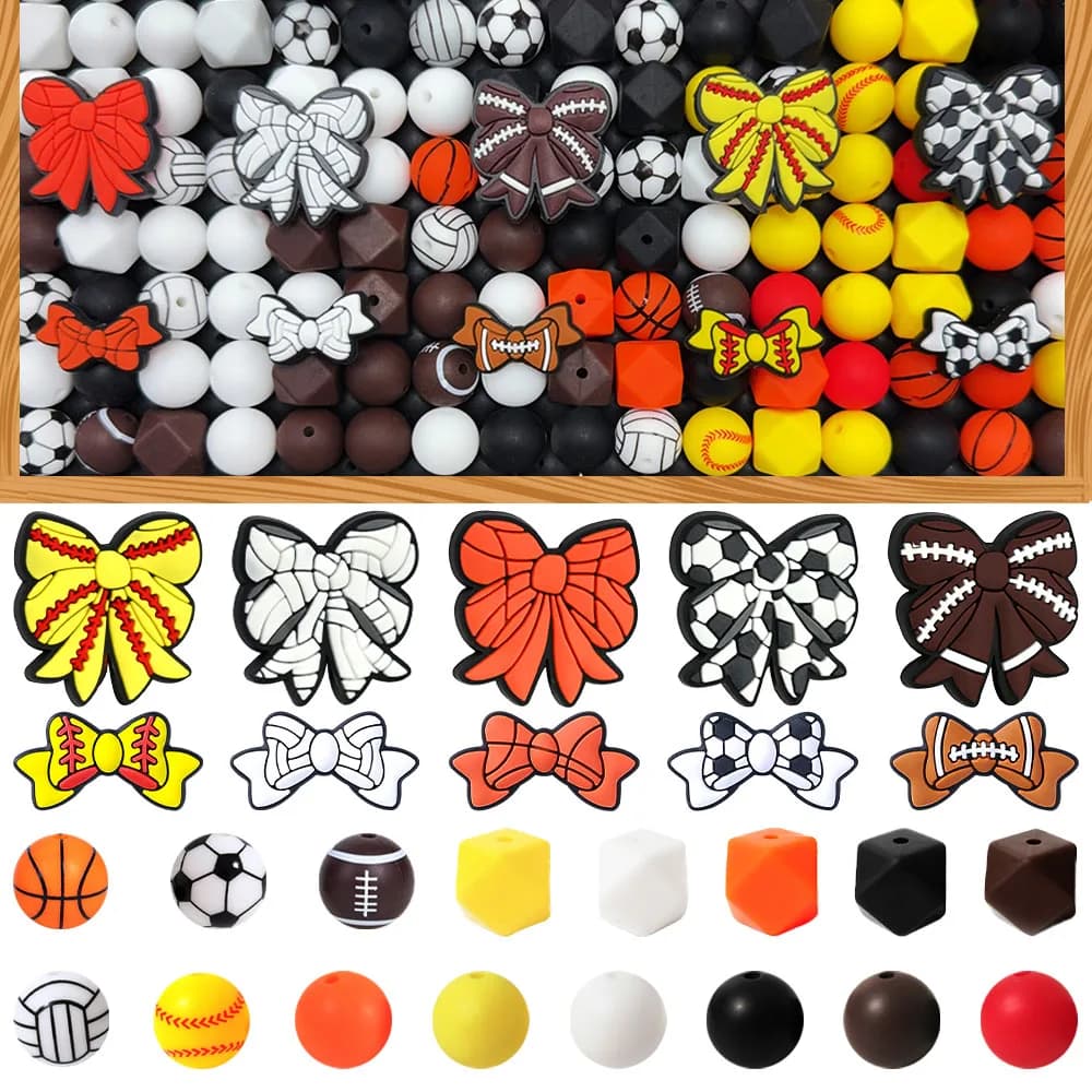 Set di perline in silicone serie Ball Bow da 34/60 pezzi, perfetto per lavori artigianali fai-da-te come portachiavi, collane, braccialetti, ecc.