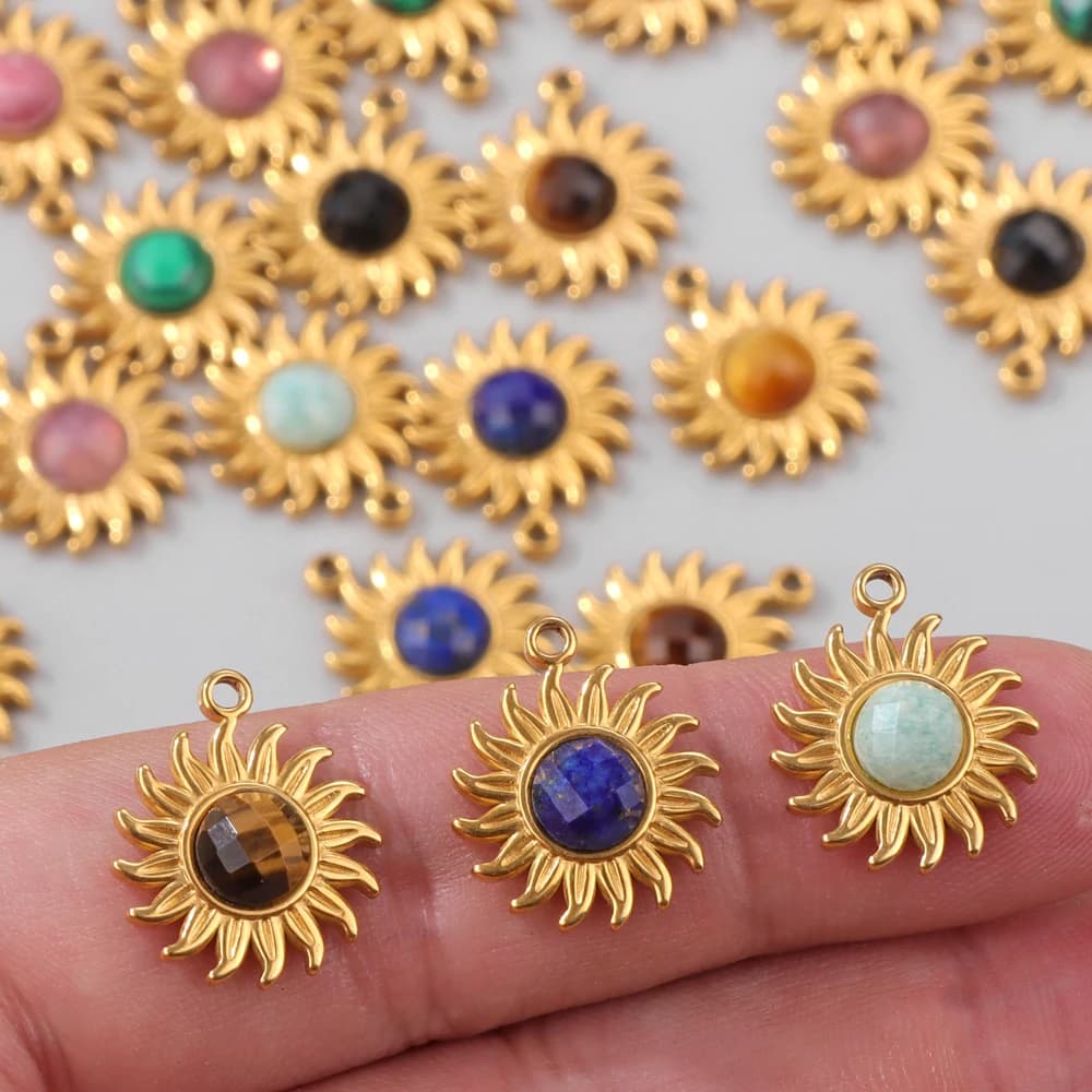 5 pezzi sole ciondolo in acciaio inossidabile naturale Aamzonite occhio di tigre Agat pietra fascino per gioielli che fanno collana fai da te orecchini braccialetto