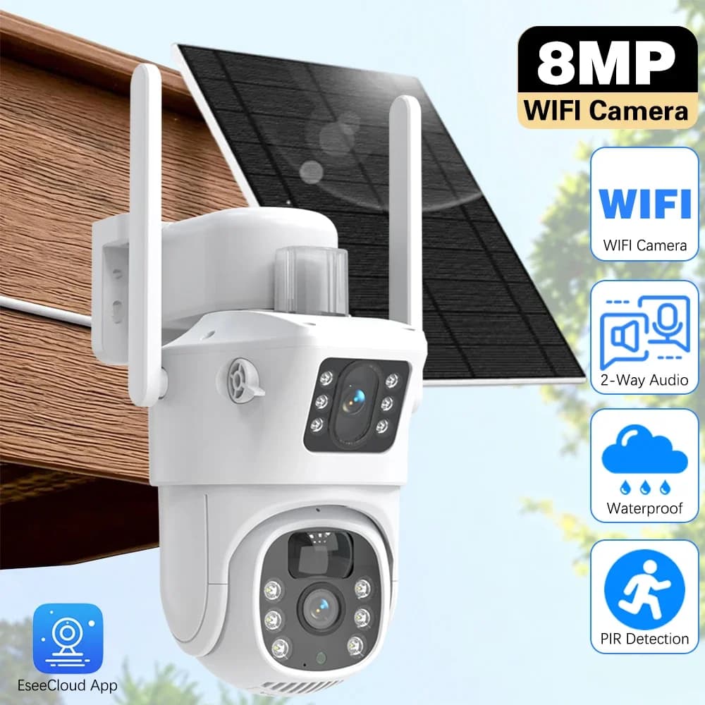Telecamera Solare EseeCloud 4K 8MP a Doppia Lente, Wireless WiFi, con Rilevamento PIR e Mobile, Impermeabile per Sicurezza Esterna