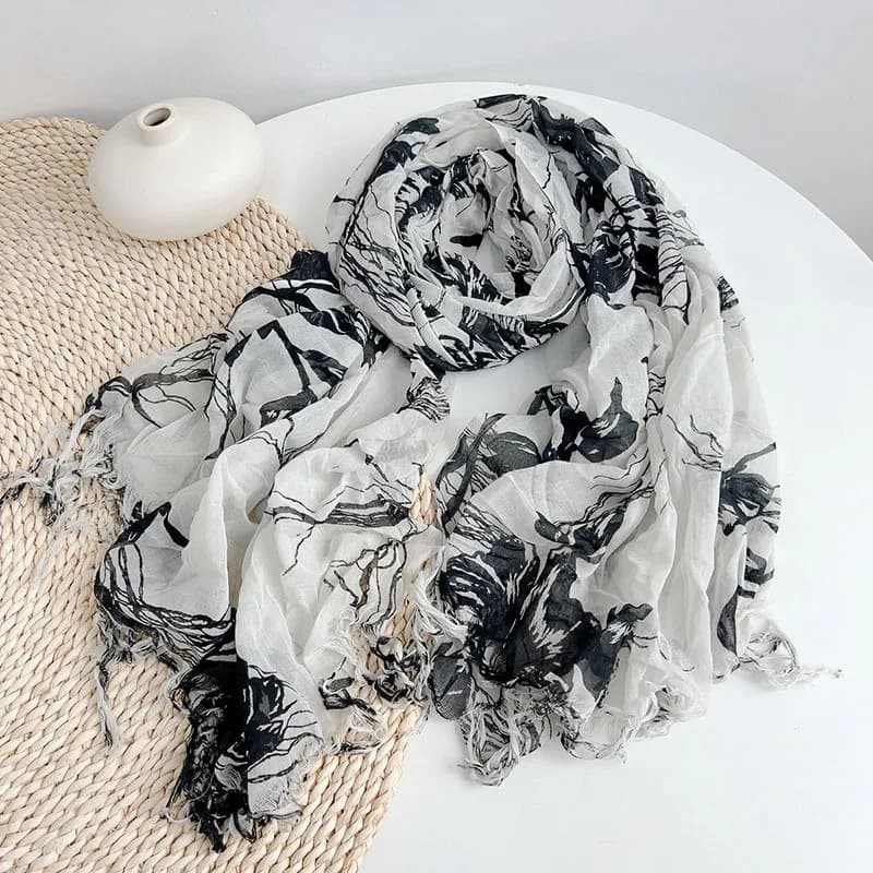 White women's cotton scarf with long neck, wrapping shawls, solar protection accessory for spring summer holidays