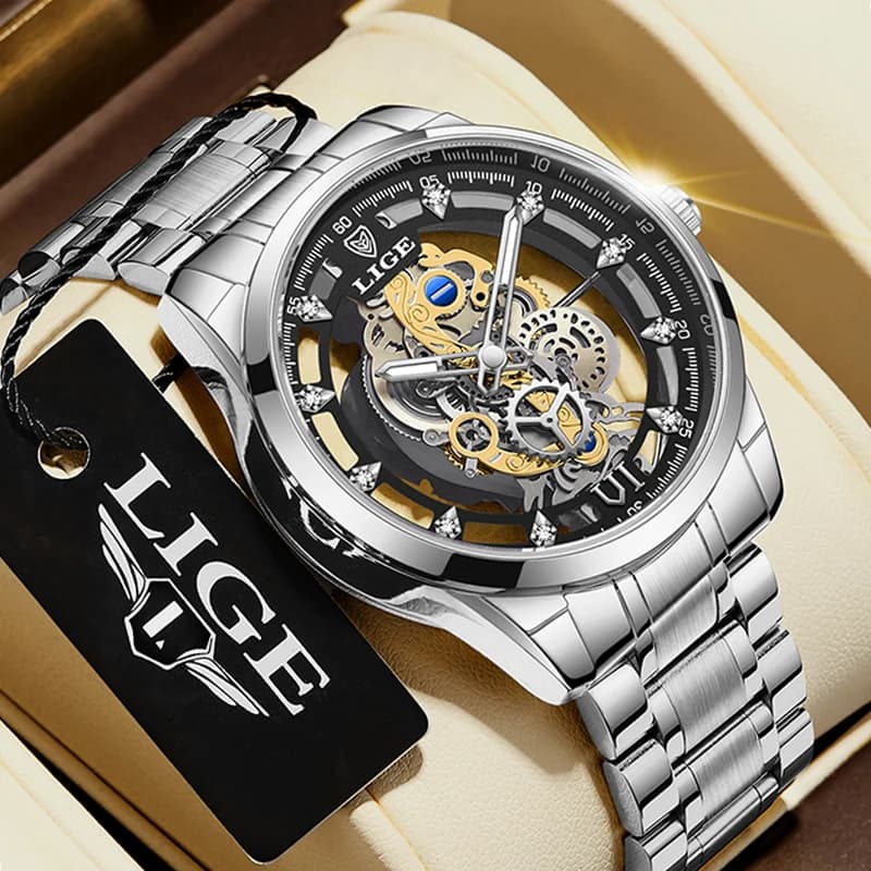 LIGE Fashion Top Luxury Men's Watches Skeleton Automatic Wrist Watch Quartz Retro Watches Men's Watch Brand Luxury Reloj