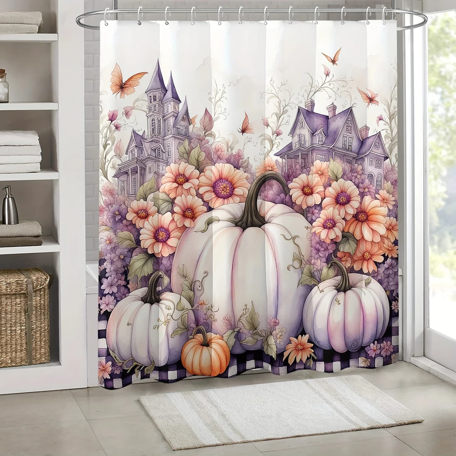1 tenda da doccia con castello di zucca di Halloween e stampa floreale, tessuto in poliestere, lavabile in lavatrice, adatta per il bagno