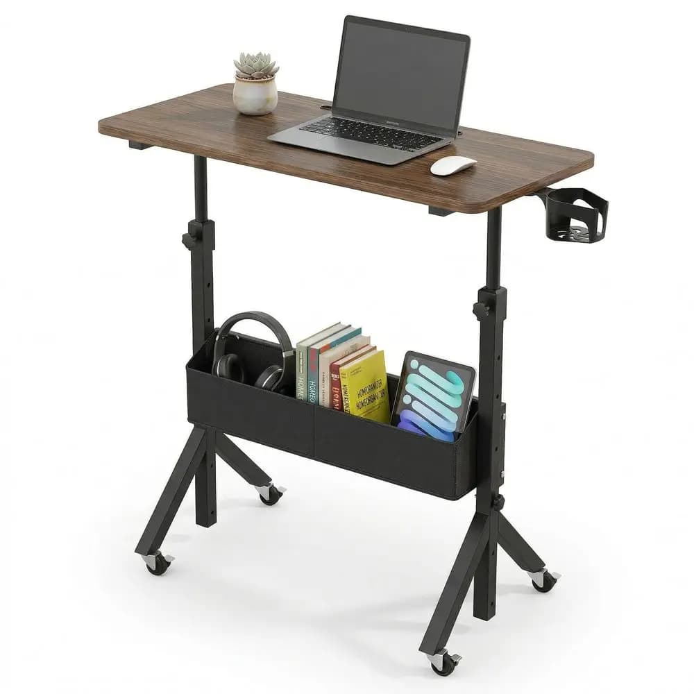 Piccola scrivania, scrivania per computer da 27,5 pollici per piccoli spazi, scrivania da studio con supporto per monitor e contenitore, rosa