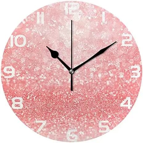 Round wall clock with coral pink glitter, silent oil painting without ticking, school decorative watch, home office