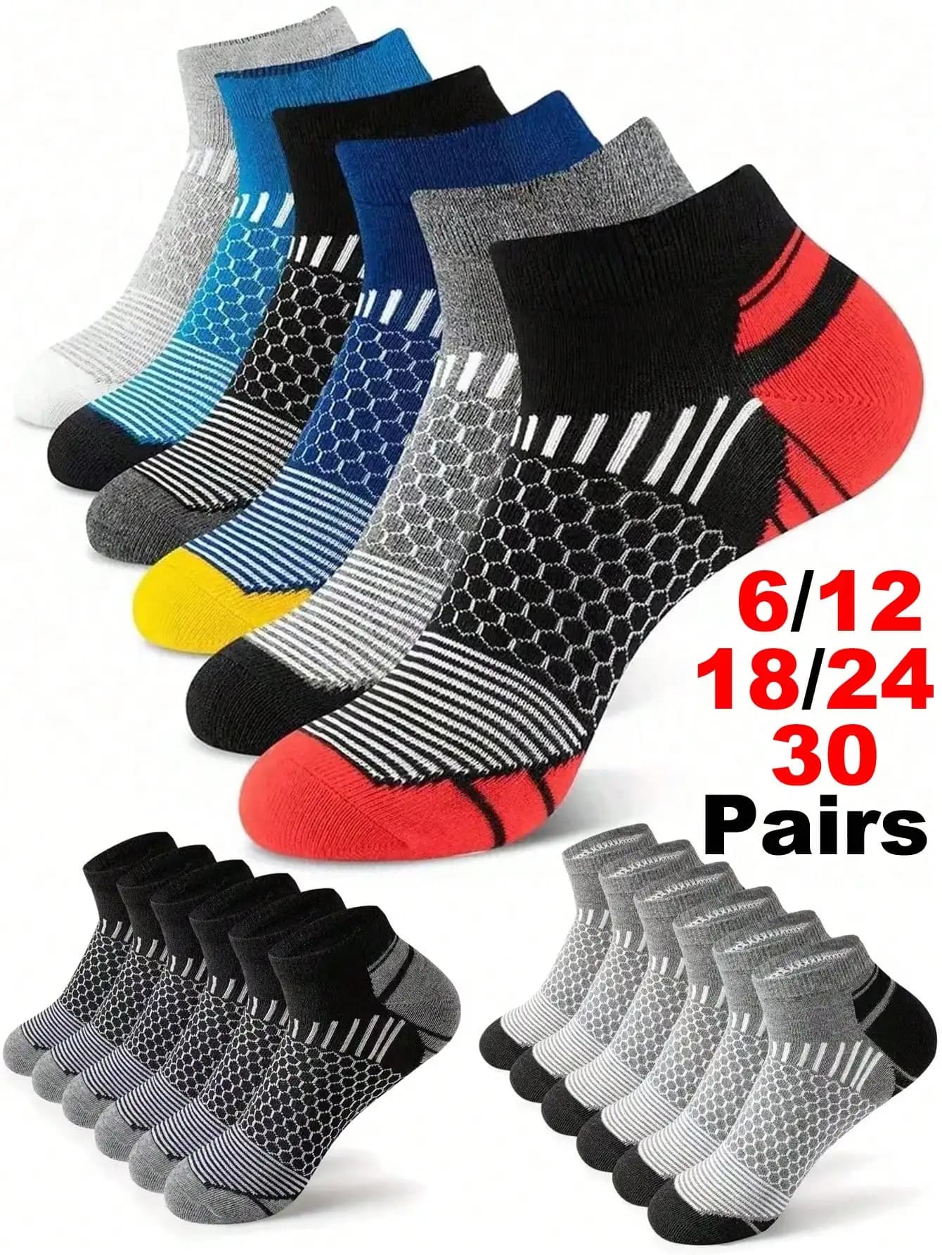 Men's Athletic Socks Ankle Running Cycling Honeycomb Design 6/12/24 Pairs Waist Firm High Quality Sports Leisure Gifts