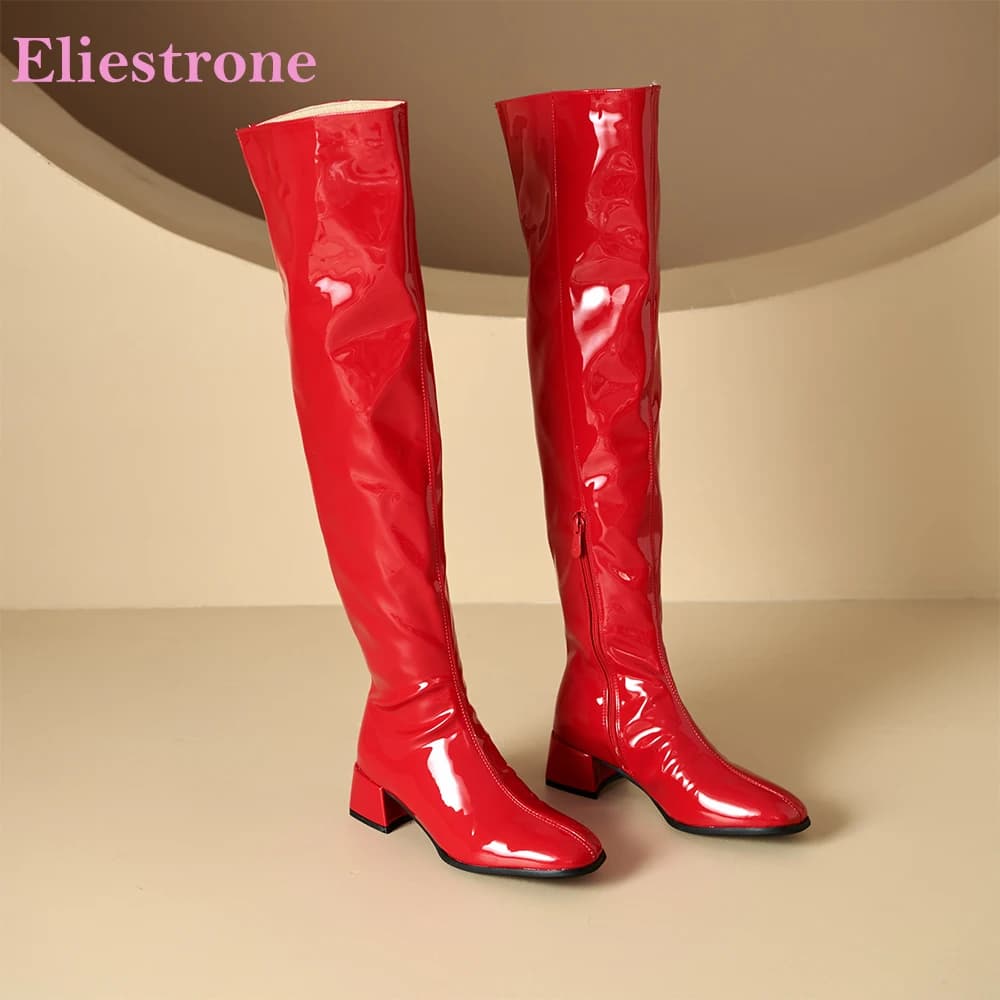 2025 Nuovo Inverno Glamour Rosso Oro Donna Stivali alti sopra il ginocchio Med Block Tacchi Scarpe da donna Plus Big Small Size 11 32 44 46