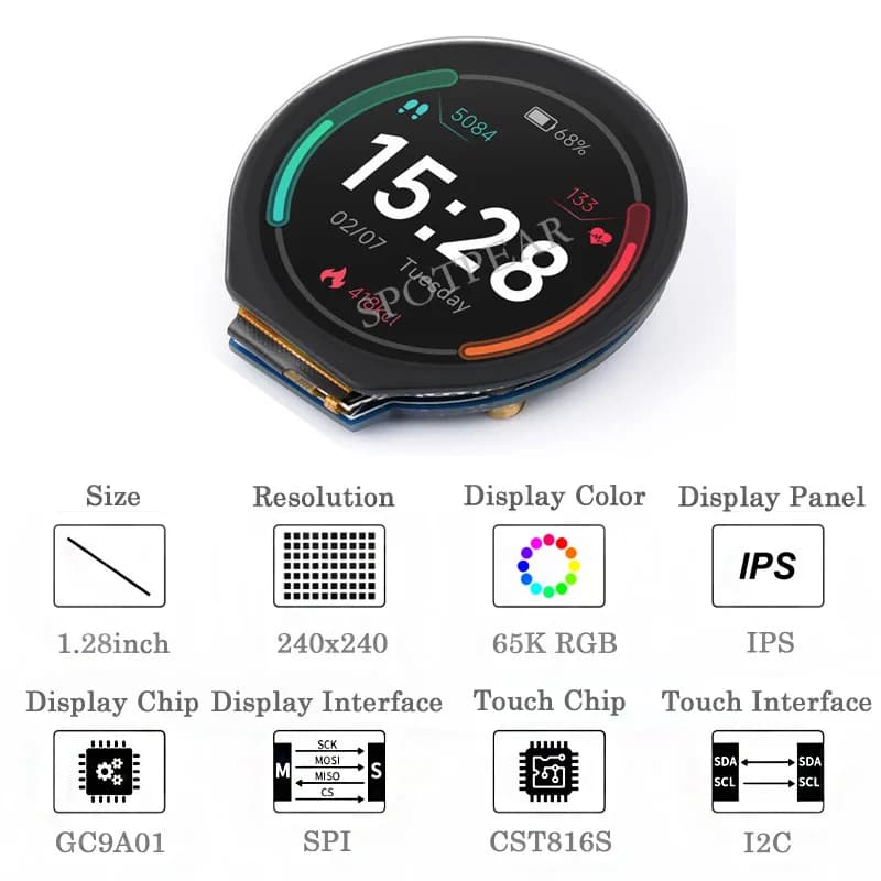 Raspberry Pi Pico 1.28 Inch Round Touch LCD Screen Module I2C SPI for Arduino/ STM32