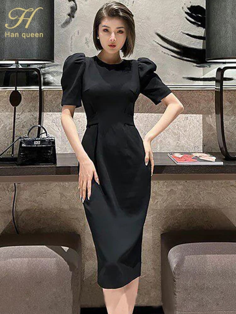 Abito da donna elegante a tinta unita con lacci, slim, semplice, per feste e balli, estivo, con maniche a sbuffo, aderente a tubino