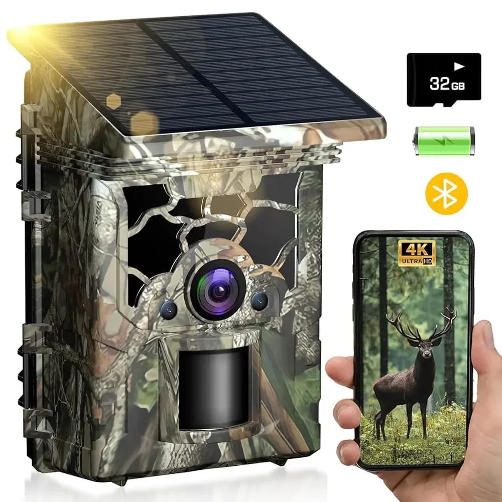 Spedizione Gratuita - Fotocamera da Sentiero Alimentata a Energia Solare 4K 46MP, Fotocamera da Caccia WiFi Bluetooth con Scheda SD da 32GB, 130° ° Grandangolare, Attivazione a Movimento