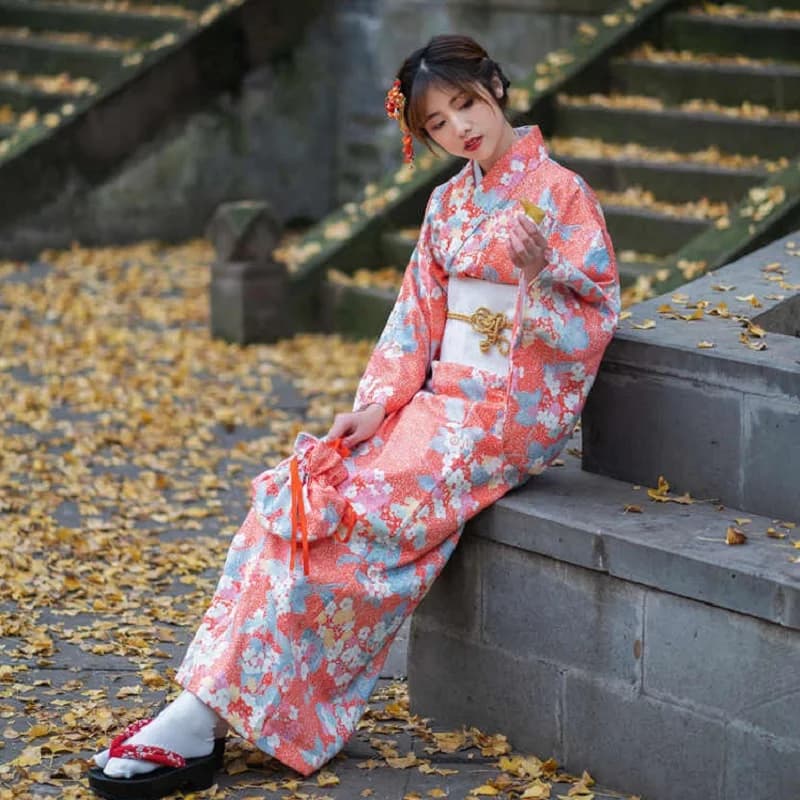 Kimono Yukata Japanese retro rose orange cherry blossom traditional style nostalgic age coming ceremony robe for women