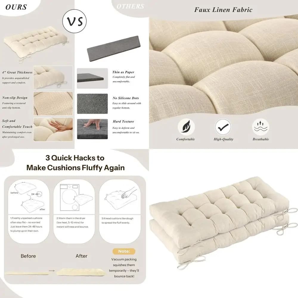 Confezione da 2 cuscini per panca da interni beige 48x19 pollici con texture spessa e fondo antiscivolo