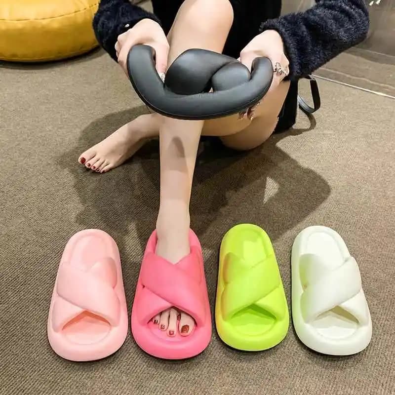 Women Cross Strap EVA Cloud Slides Thick Platform Soft Slippers Non Slip Indoor Bathroom Outdoor Beach Casual Walking Sandals