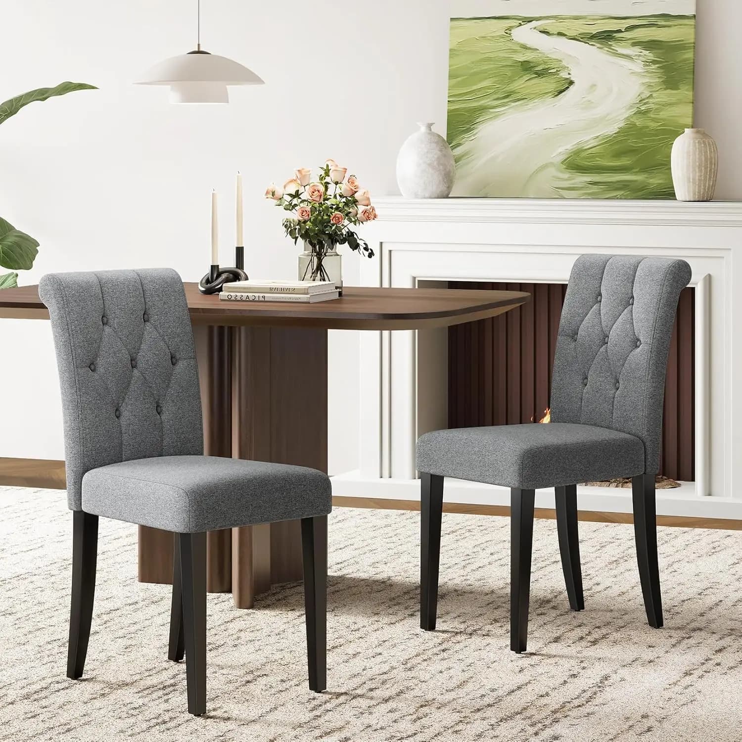 Sedia da Pranzo con Bottoni Trapuntati, Gambe in Legno Massello, Sedia Laterale in Tessuto per Cucina, Ristorante, Hotel, Set da 2, Grigio, Personalizzabile
