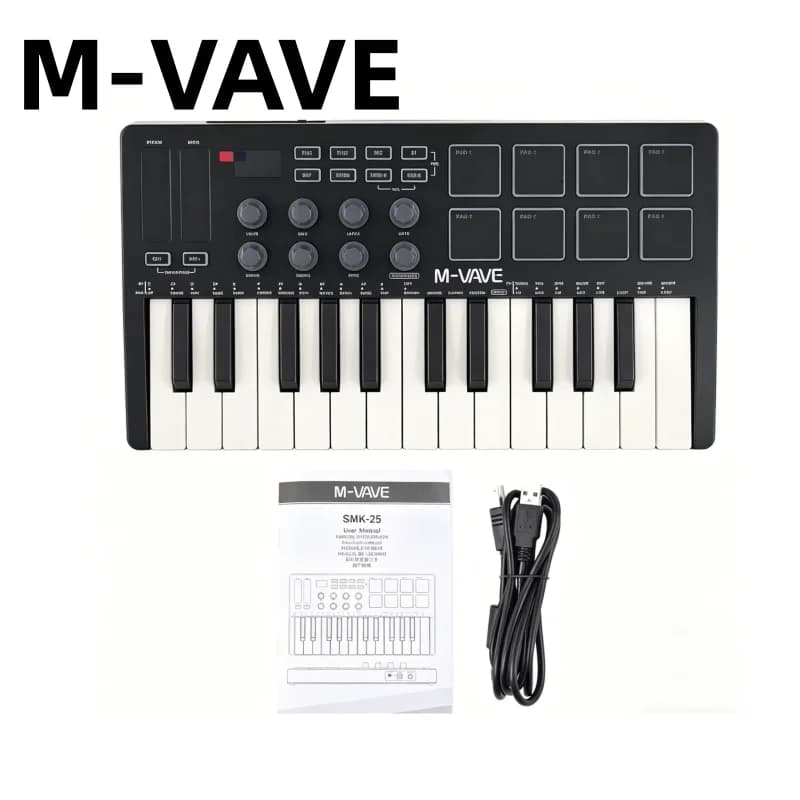 M-VAVE SMK-25 Black Portable MIDI Keyboard, 25 Keys, 8 RGB Pads, Wireless Piano Controller for Music Production, Studio & Live
