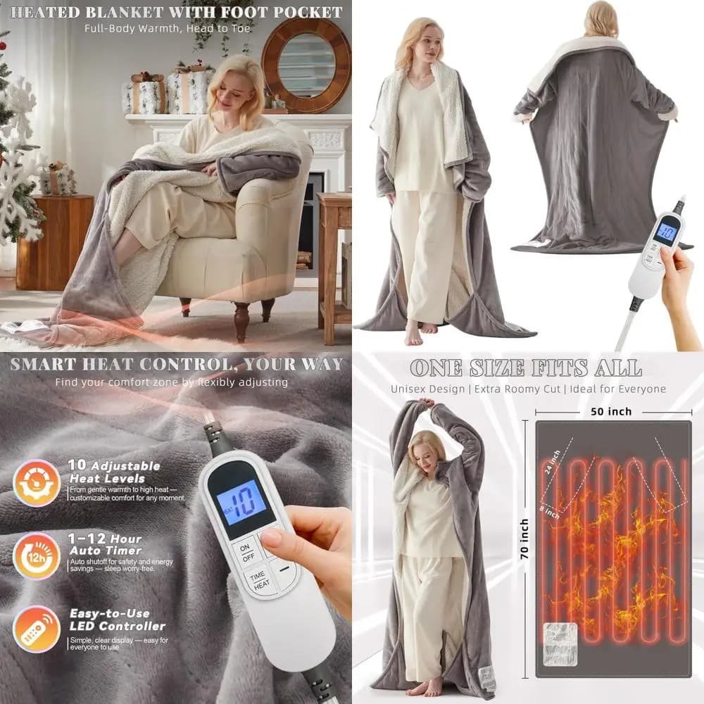 Coperta elettrica Sherpa in flanella grigia con tasche sulle piedi e sulle maniche, 10 livelli di calore, spegnimento automatico 1-12 ore, 50x70