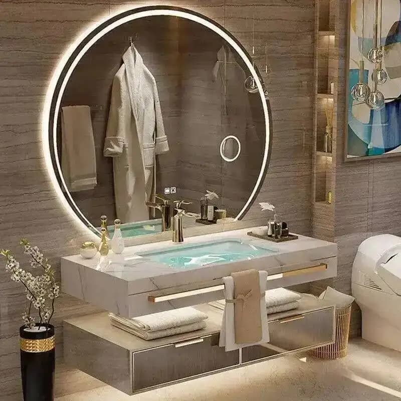Mobiletto da bagno moderno e intelligente con specchio in ardesia con doppio lavabo in ceramica, mobiletto da bagno sotto il lavandino