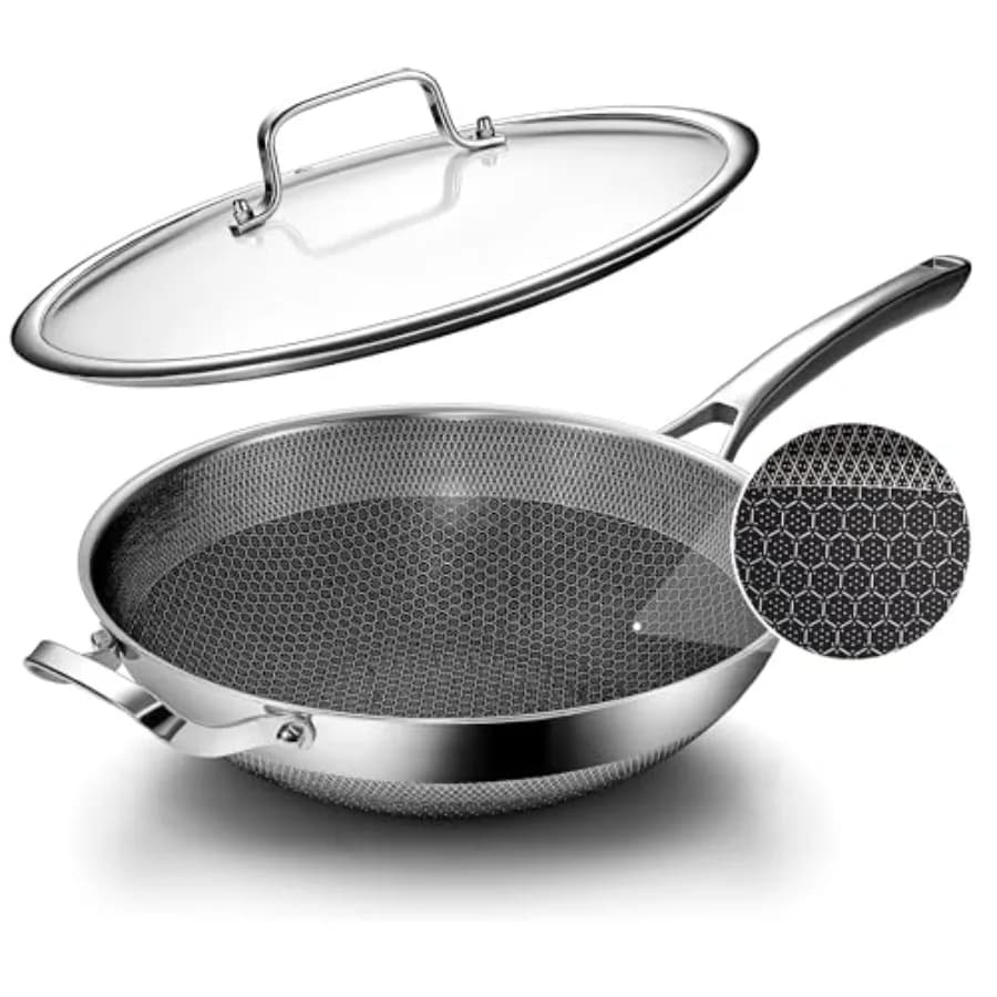 Wok da 12 pollici, wok ibrido con coperchio, pentole senza PFOA, wok e padelle antiaderenti in acciaio inossidabile, lavabili in lavastoviglie