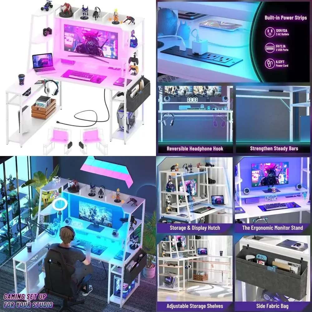 Scrivania da gaming a forma di L con vano portaoggetti e scrivania illuminata a LED da 47 pollici con prese di corrente