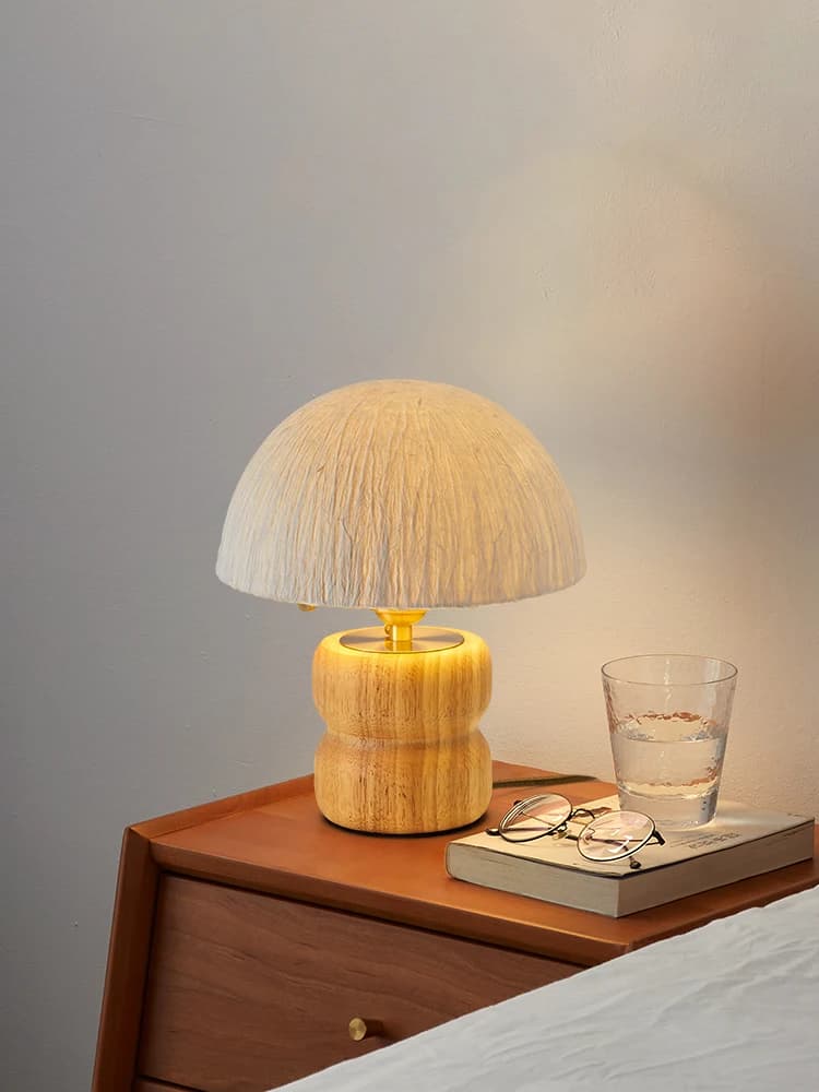 Japanese Wabi‑sabi Wooden Table Lamp Mushroom Textured Lampshade Bedside Desk Lamp for Bedroom Living Room Home Decor