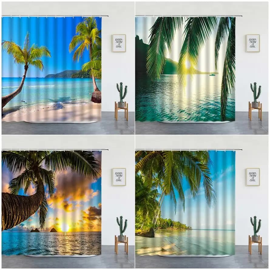 Spiaggia palme tende da doccia tramonto isola Hawaii oceano paesaggio naturale poliestere arredamento per il bagno set di tende per vasca da bagno in tessuto